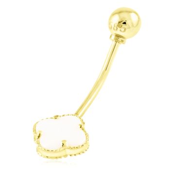 Zlatý piercing Čtyřlístek s bílým korálem do pupíku ve stylu Vintage - malý