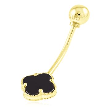 Zlatý piercing Čtyřlístek s Onyxem do pupíku ve stylu Vintage - malý