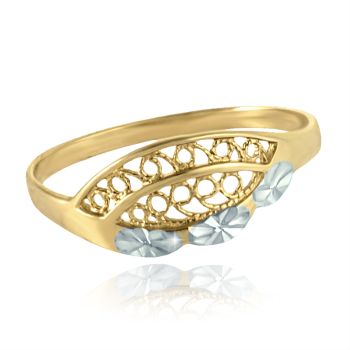 Zlatý prsten s filigrány a gravírovanými květinkami - žluto-bílé zlato