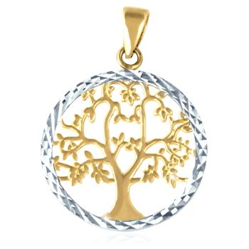 Kulatý zlatý přívěsek Strom života - gravírovaný, žluto-bílé zlato