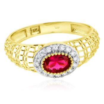 Zlatý prsten v HALO stylu s kameny rubínové barvy a bílými zirkony