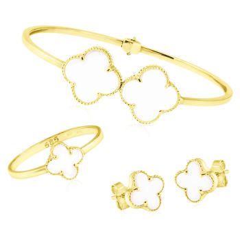 Souprava zlatých šperků Čtyřlístky s korálem - náušnice, náramek a prsten
