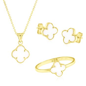 Souprava zlatých šperků Čtyřlístky s korálem- náušnice, prsten a přívěsek